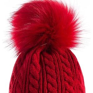 Cable knit acrylic hat fur faux pom pom red pretty nwt fleece lined